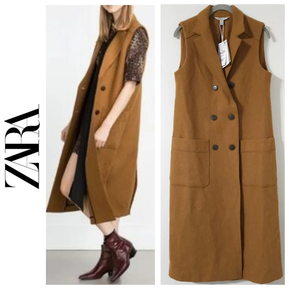 ZARA Trafaluc Sleevesless Wool Blend Double Breasted Long Coat, Tobacco Brown, S - Picture 1 of 13